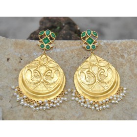 Carved Peacock Green Onyx Dangler Earrings